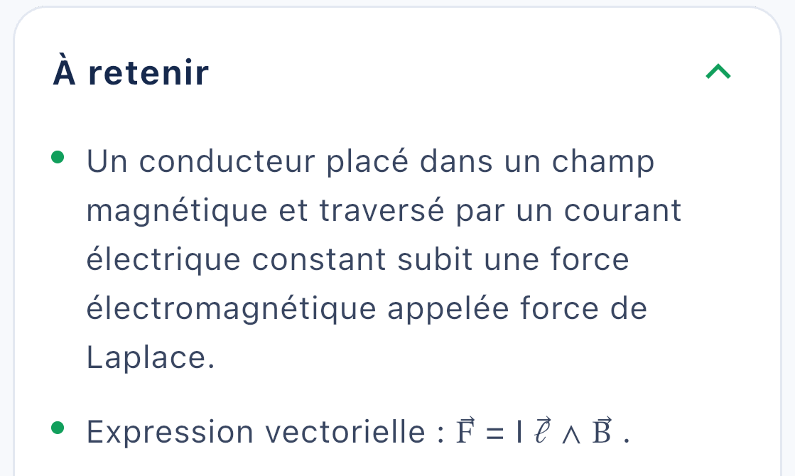 À retenir : définition et expression vectorielle de la force de Laplace.